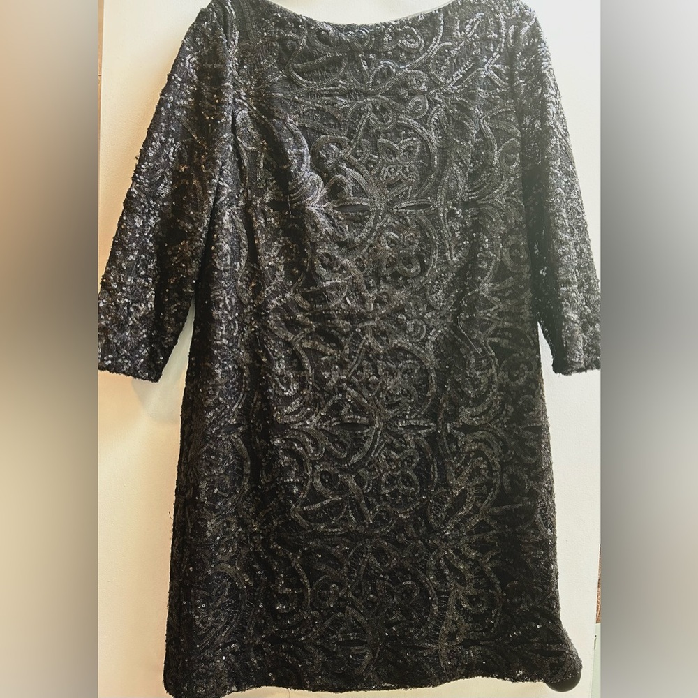 Ralph Lauren Black Sequinned Midi Dress 3/4 Sleeve